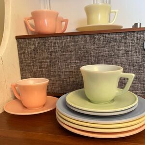 Hazel Atlas Little Hostess Tea Set, Pastel Milk Glass 13 Pieces
